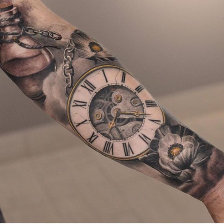 Incredible Clock Tattoo on Full Sleeve