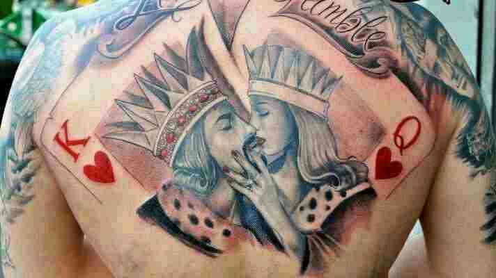 King And Queen Playing Card Tattoo On Man Back