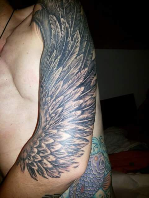 Left Sleeve Grey Feather Wing Tattoo Image