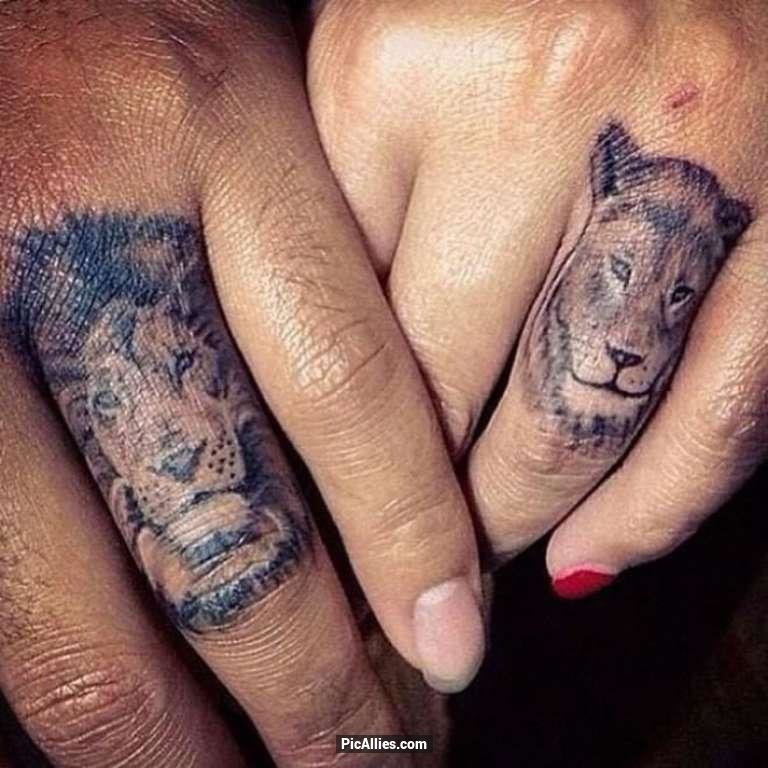 Lion And Lioness Tattoo On Couple Finger