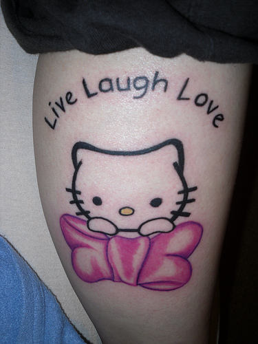 Live Laugh Love Kitty Tattoo On Leg Calf