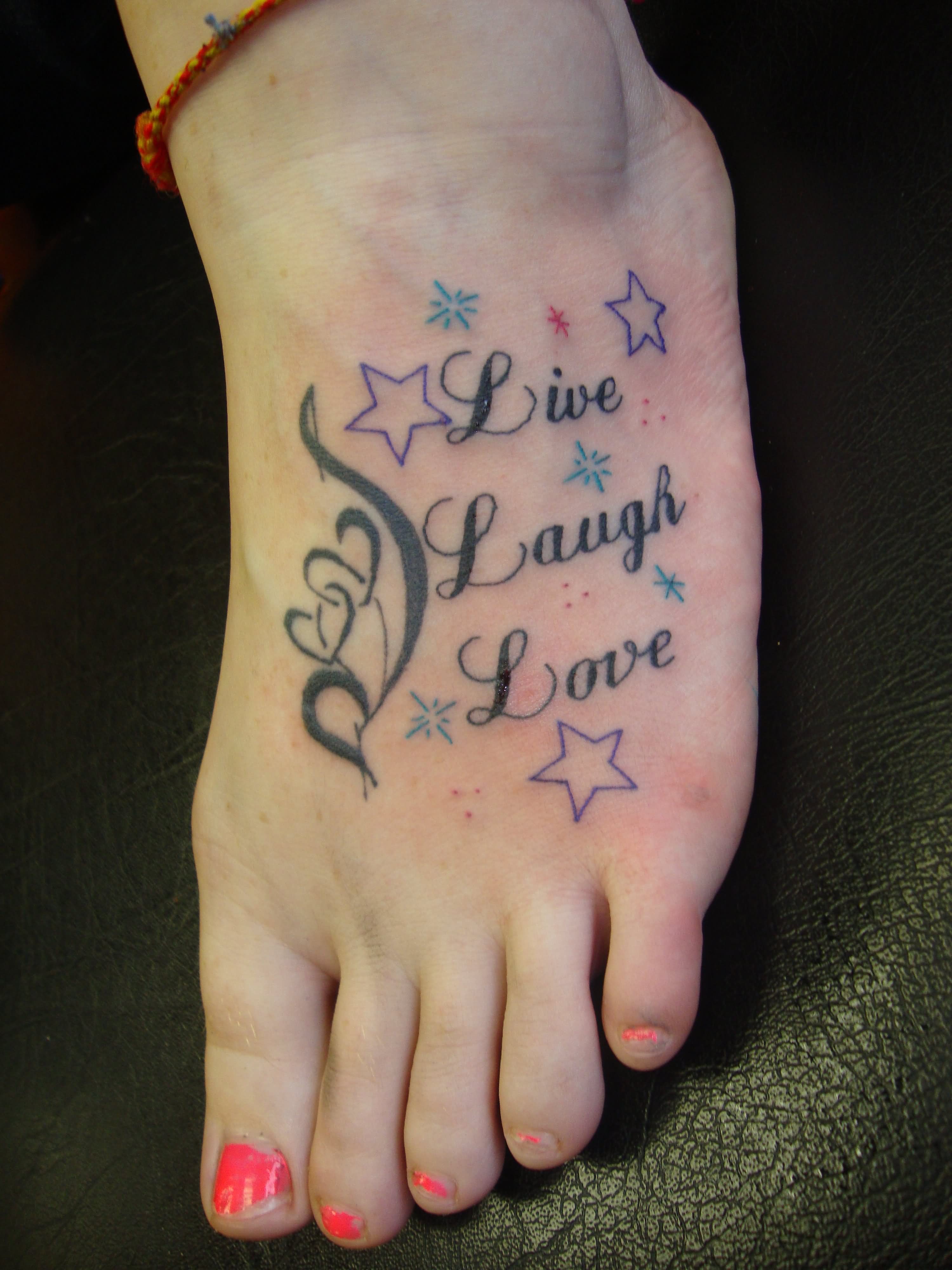Live Laugh Love Tattoo On Girl Left Foot