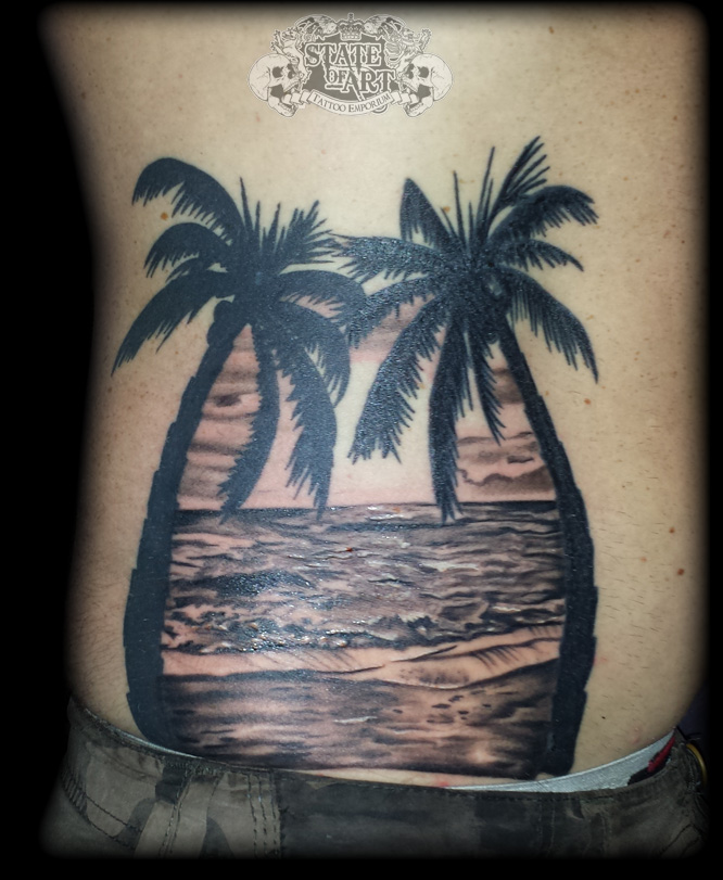 Palm Trees And Beach Tattoo On Rib