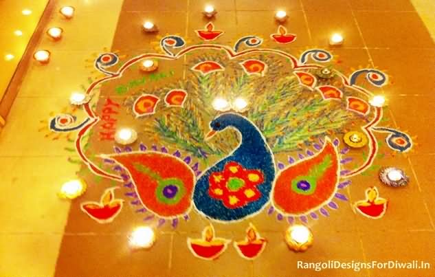 Peacock Rangoli Design With Diyas For Diwali