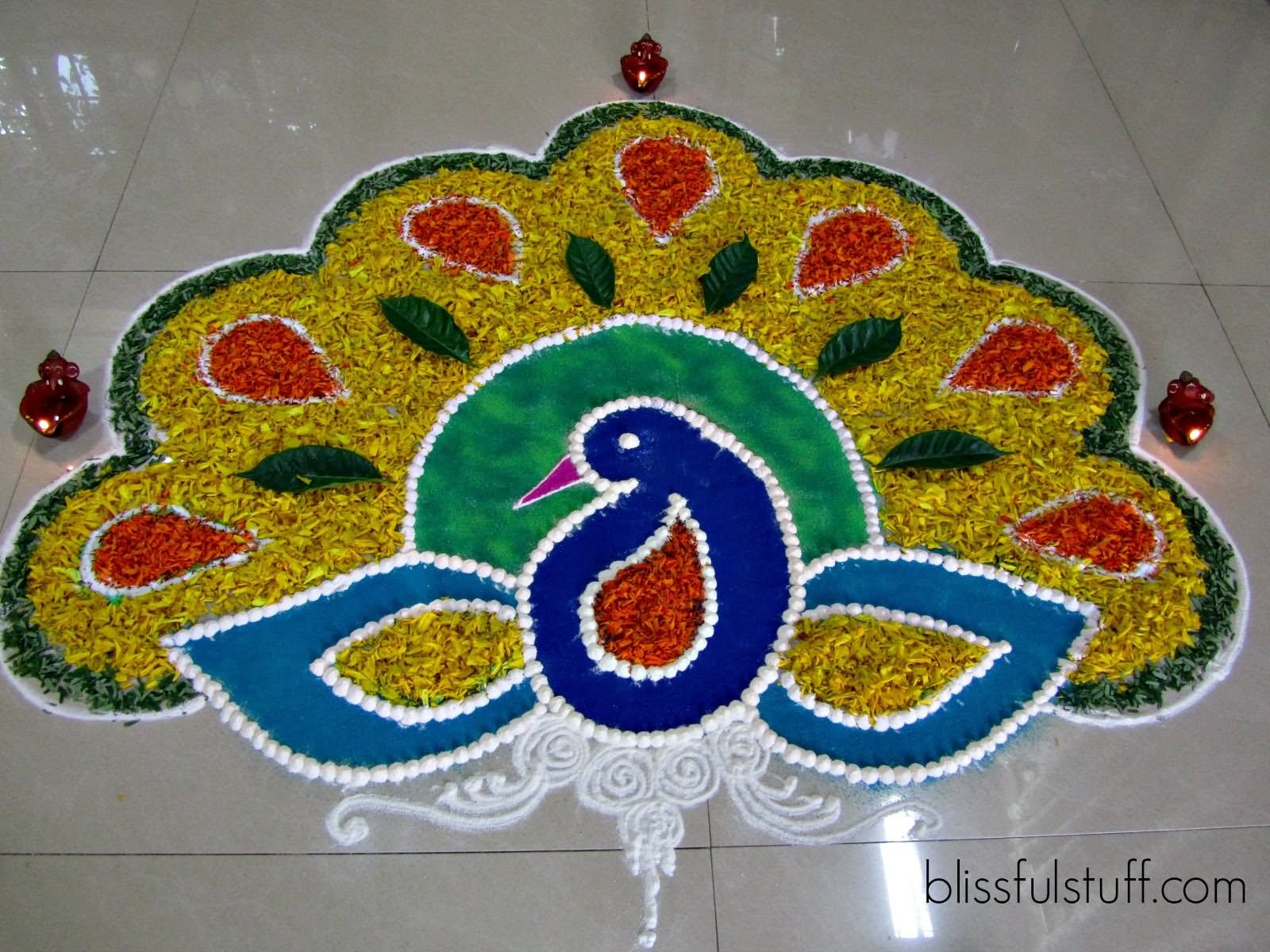 Peacock Rangoli Design With Flowers For Diwali