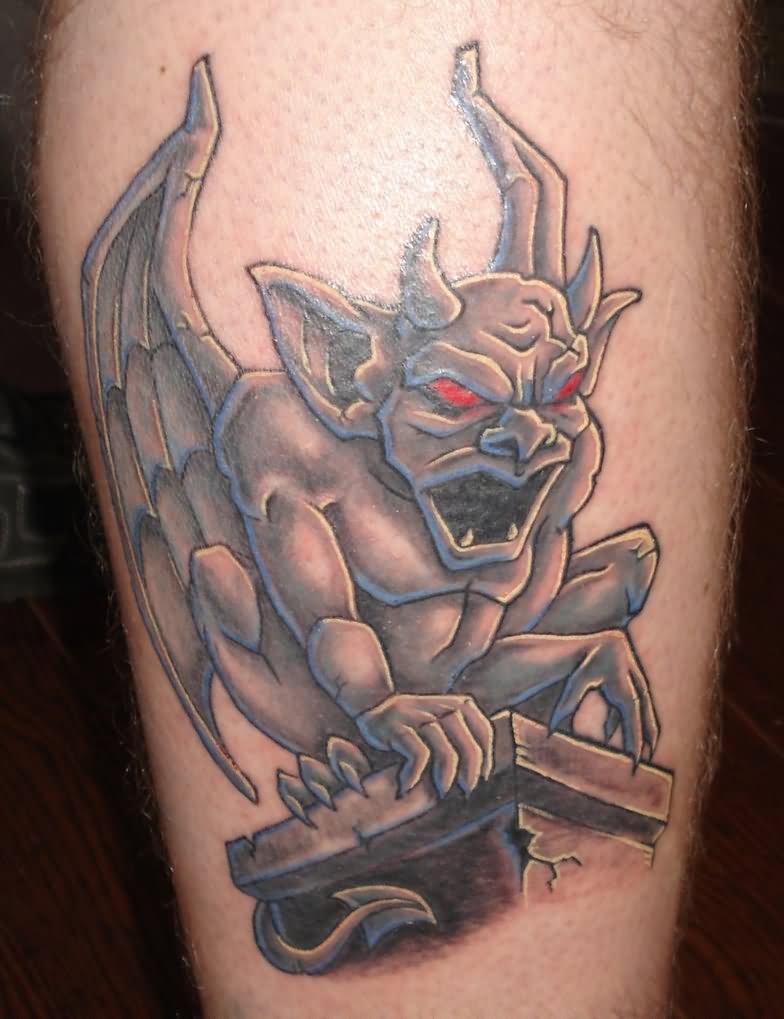 Red Eyes Stone Gargoyle Tattoo On Leg