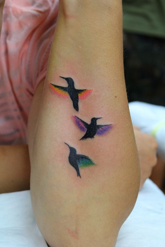 Silhouette Birds With Color Wings Tattoo On Left Arm