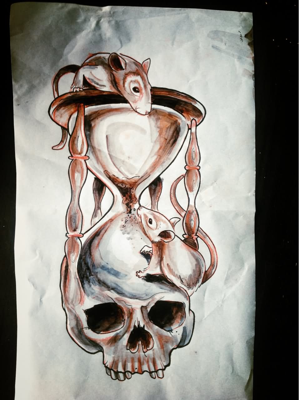 Skull Hourglass With Rats Tattoo Design