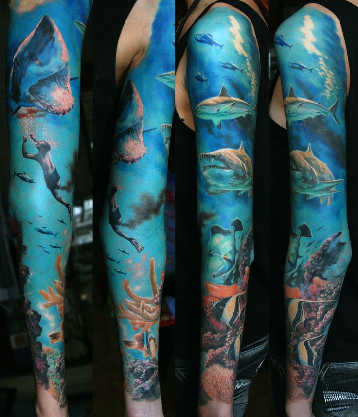 Watercolor 3D Ocean Underwater View Tattoo On Full Sleeve