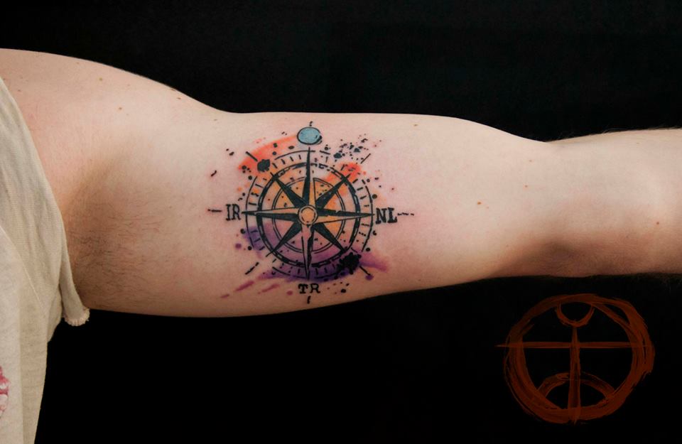 Watercolor Compass Tattoo On Half Sleeve