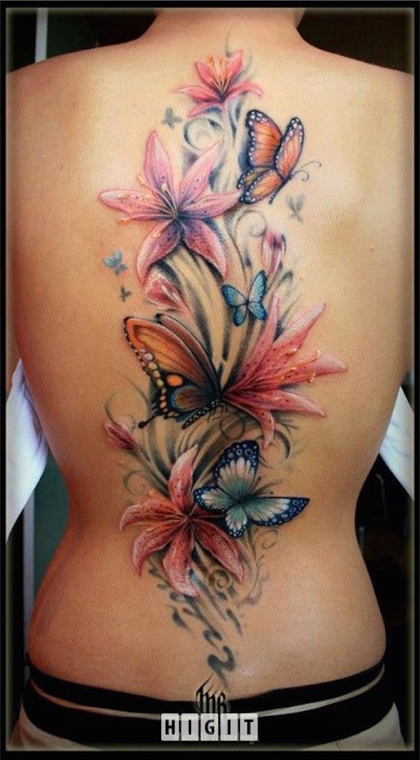 Watercolor Flower And butterfly Tattoo On Back By Sonya Dowling