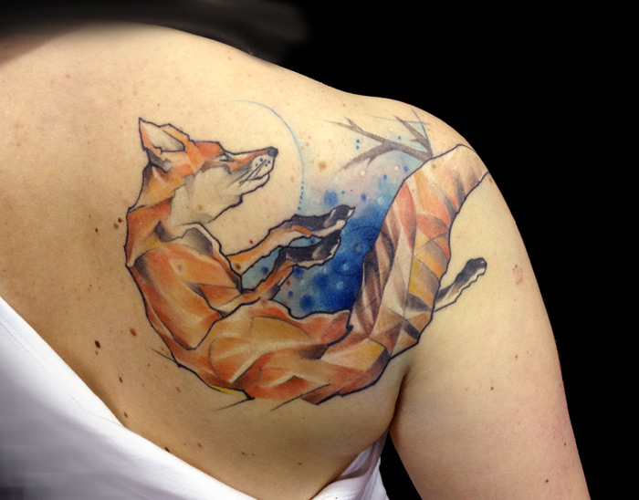 Watercolor Fox Tattoo On Girl Right shoulder