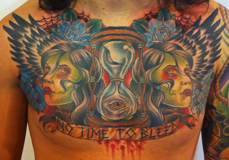 Watercolor Hourglass With Crying Lady & Wings Tattoo On Man Chest