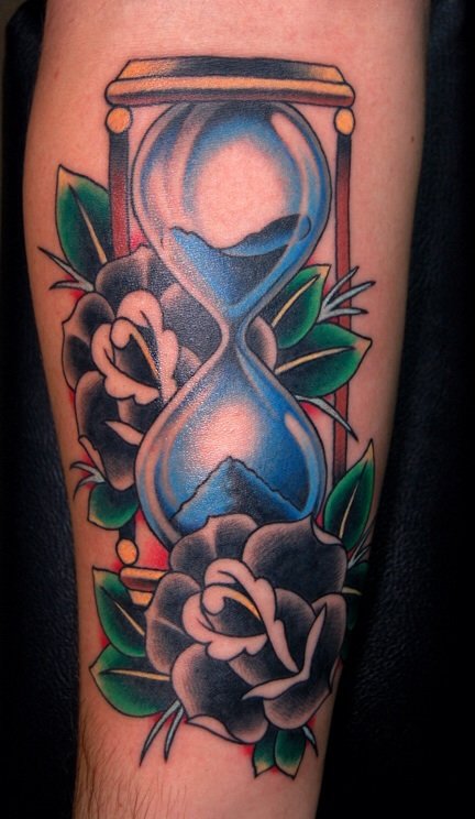 Watercolor Hourglass With Two Rose Tattoo On Forearm