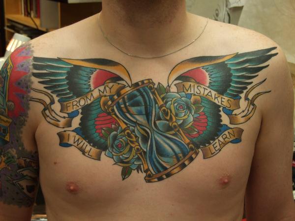 Watercolor Hourglass With Wings Tattoo On Man Chest