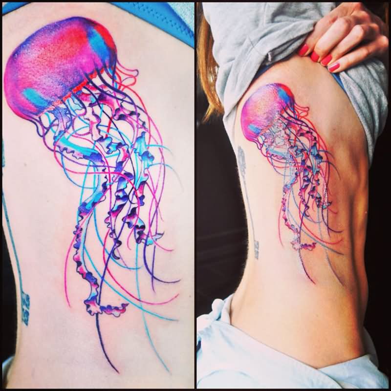 Watercolor Ocean Jelly Fish Tattoo On Girl Side Rib By Maddy Stramaglia
