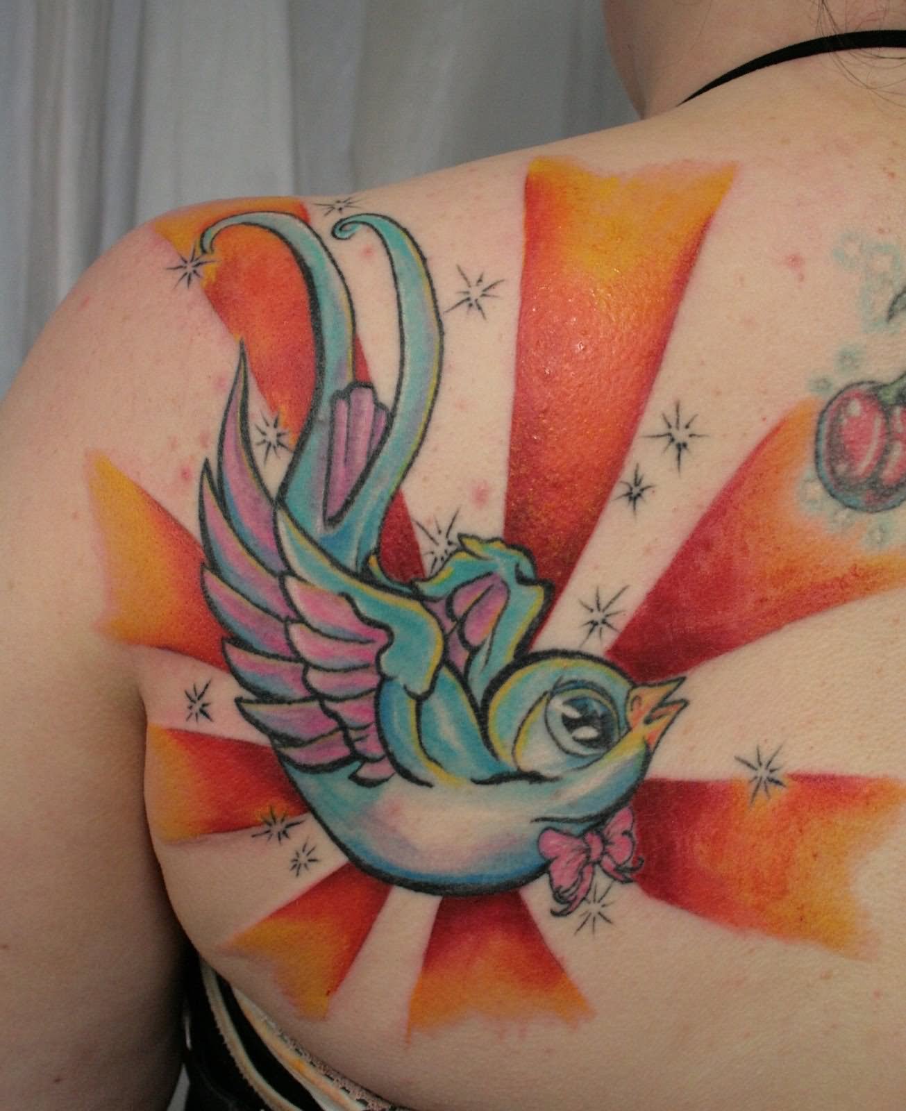 Watercolor Swallow Tattoo On Girl Upper Back Shoulder