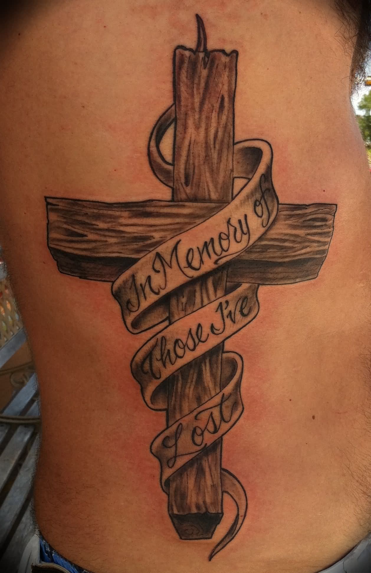 Wooden Cross With Banner Tattoo On Side Rib