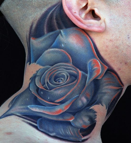 3D Blue Rose Tattoo On Man Side Neck