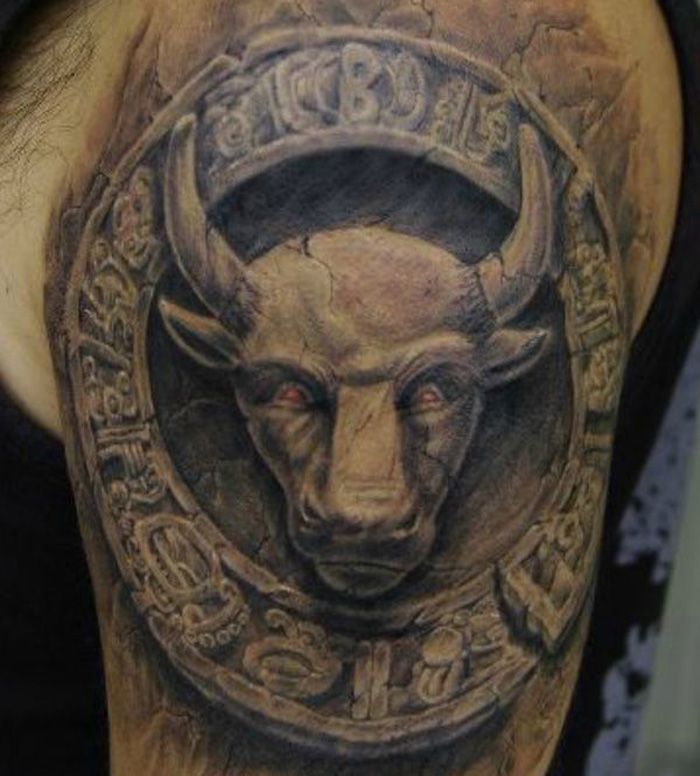 3D Bull Head In Frame Tattoo On Man Left Shoulder