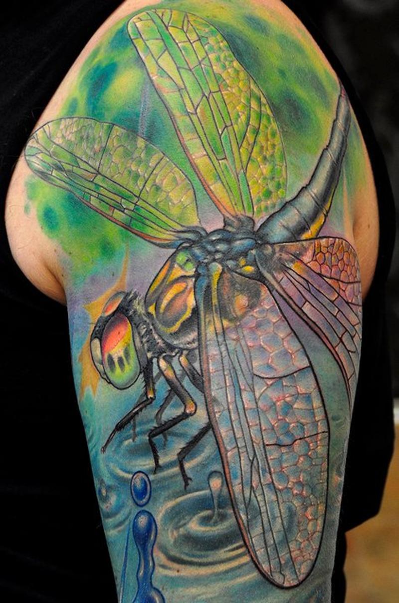 3D Dragonfly Tattoo On Half Sleeve