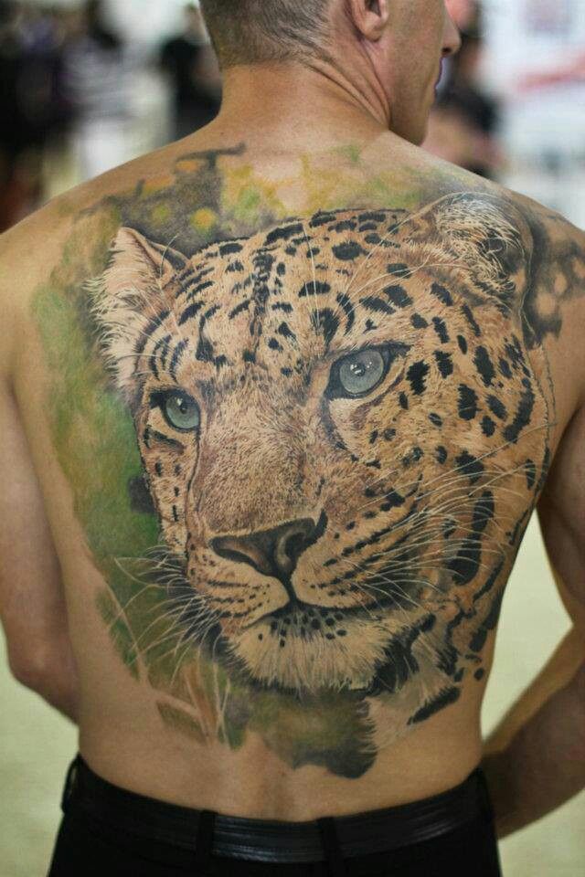 3D Leopard Head Tattoo On Man Full Back