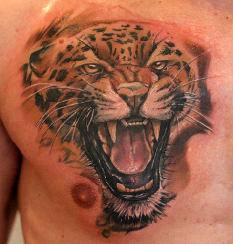 3D Roaring Leopard Tattoo On Man Right Chest