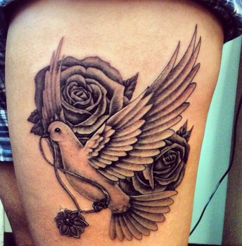 Amazing Black And Grey Flying Dove With Roses Tattoo On Thigh