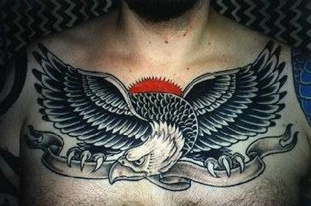 Amazing Black Eagle With Banner Tattoo On Man Chest