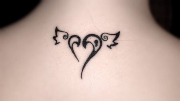 Amazing Black Heart With Wings Tattoo On Back Neck By Amy