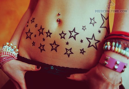 Amazing Black Stars Tattoo For Belly Button