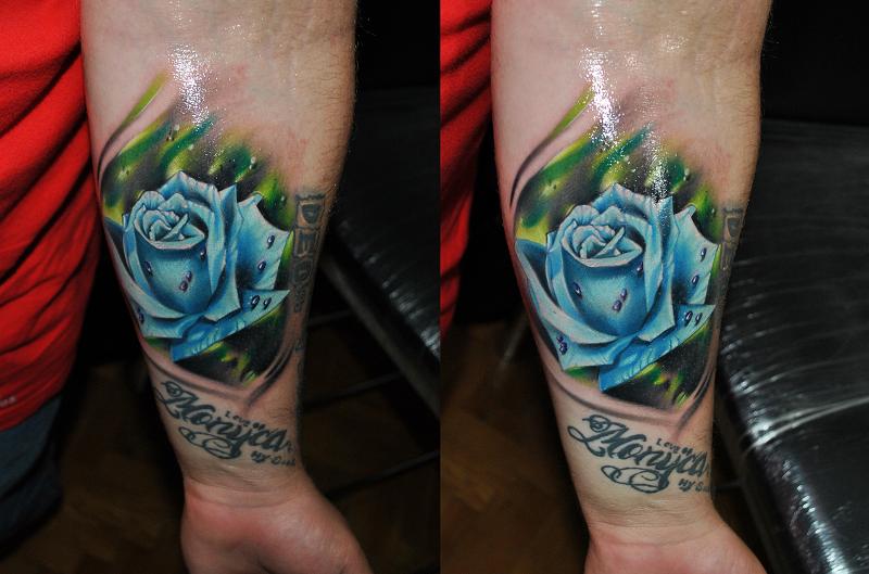 Amazing Blue Rose Tattoo On Forearm