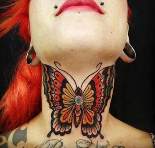 Amazing Colorful Butterfly Tattoo On Girl Neck