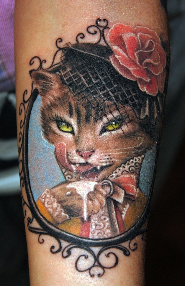 Amazing Colorful Cat In Frame Animal Tattoo Design