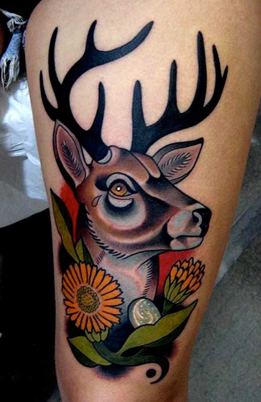 Amazing Colorful Deer Face Animal Tattoo On Leg