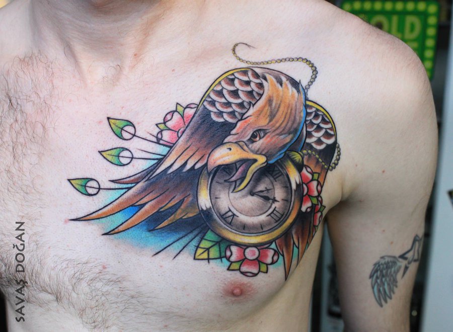 Amazing Colorful Eagle With Clock Tattoo On Man Right Chest By Savas Dogan