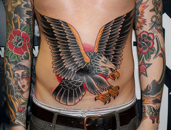 Amazing Colorful Flying Eagle Tattoo On Stomach