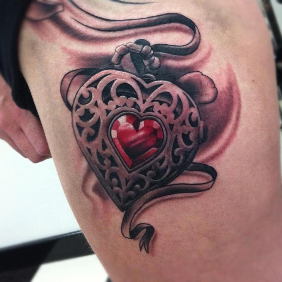 Amazing Colorful Heart Locket Tattoo On Side Rib