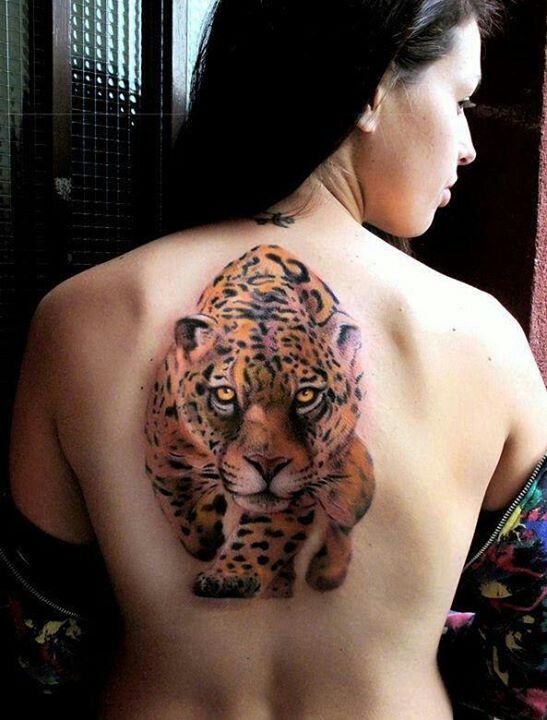 Amazing Colorful Leopard Tattoo On Girl Back By Andrea Afferni