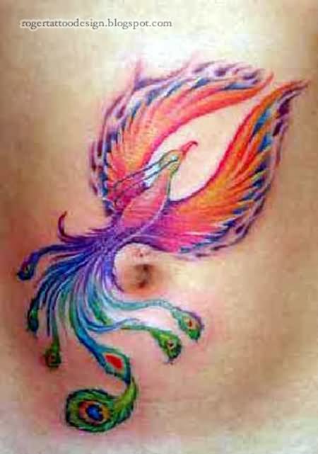 Amazing Colorful Phoenix Tattoo On Belly Button