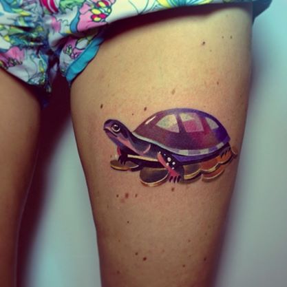 Amazing Colorful Turtle Sasha Unisex Tattoo On Girl Thigh