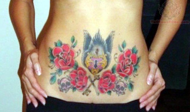 Amazing Lock With Red Roses Tattoo On girl Belly Button
