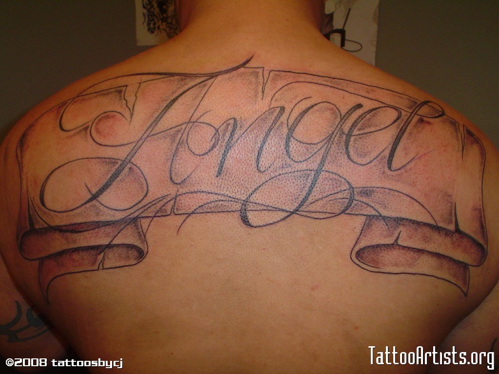 Angel Banner Tattoo On Upper Back