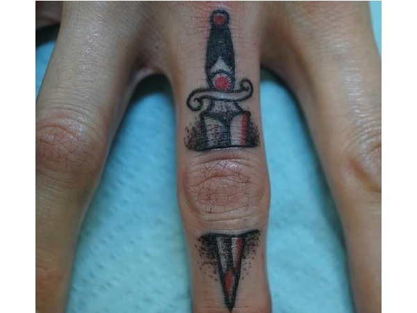 Awesome Colorful Dagger Tattoo On Finger