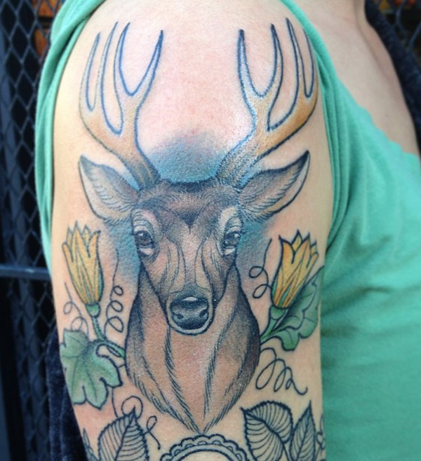 Awesome Colorful Deer Animal Tattoo On Right Half Sleeve