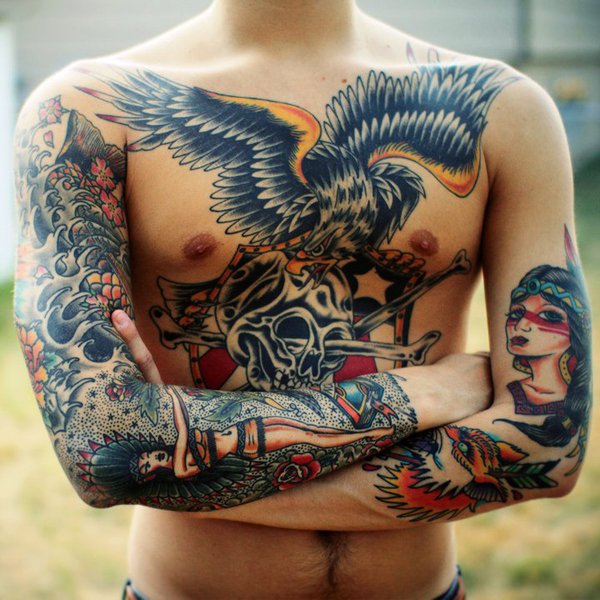 Awesome Colorful Eagle With skull Tattoo On Man Chest