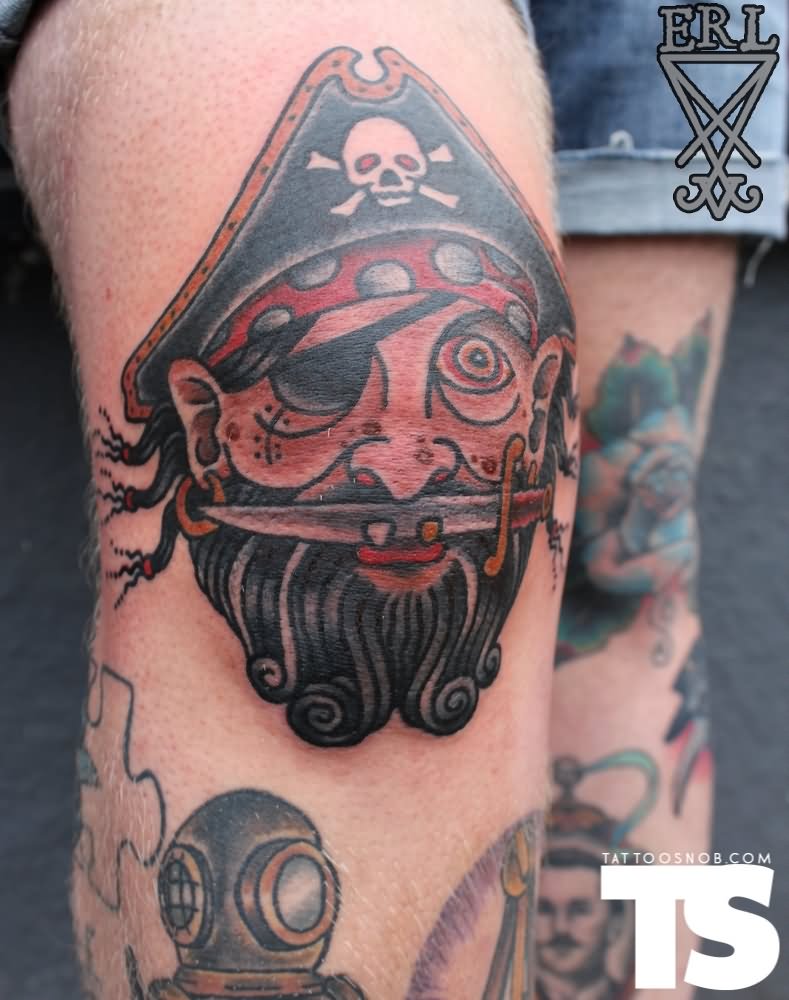 Awesome Pirate Face Tattoo On Knee By Simon Erl