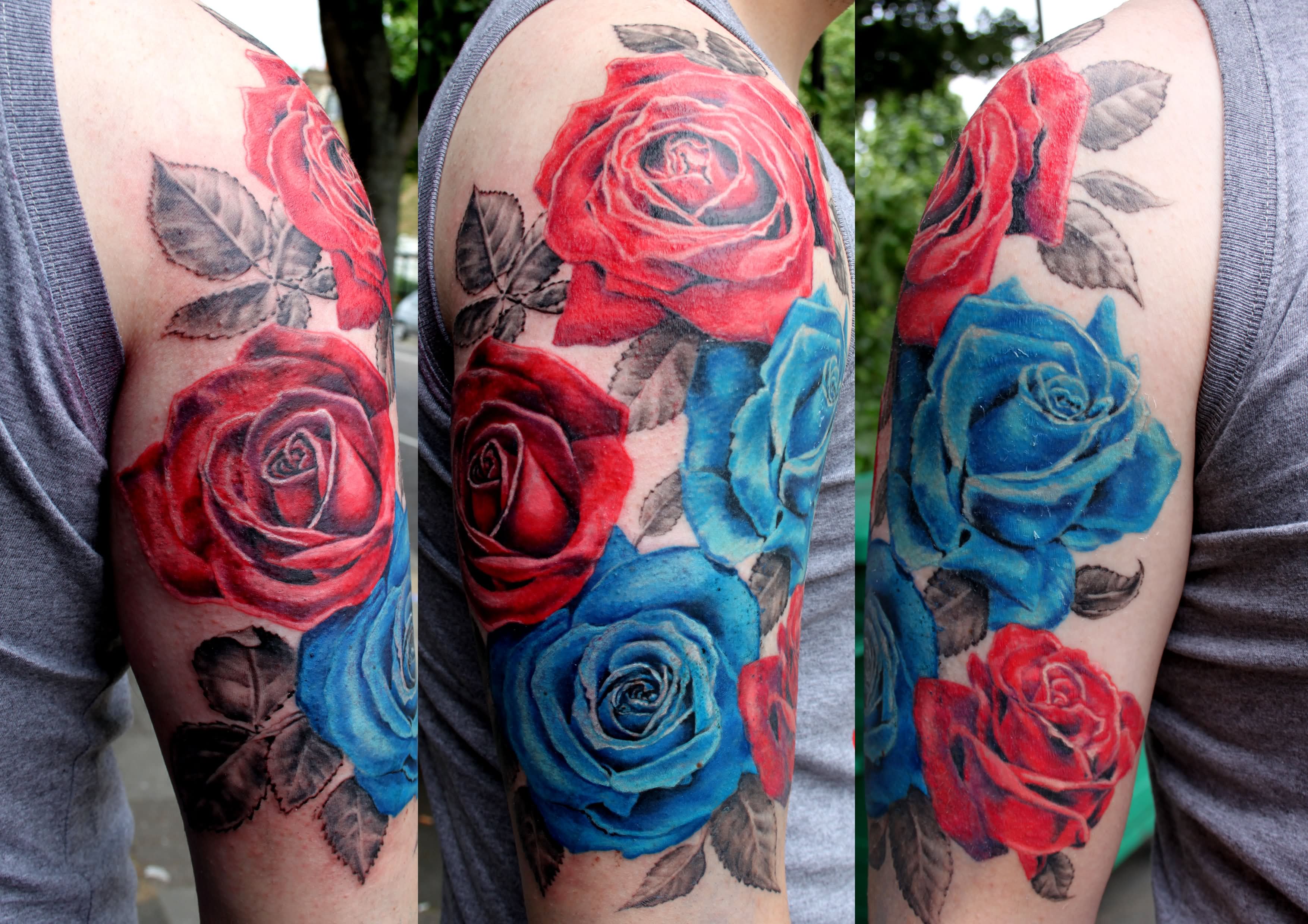 Awesome Red And Blue Roses Tattoo On Man Half sleeve By Bobby Holland