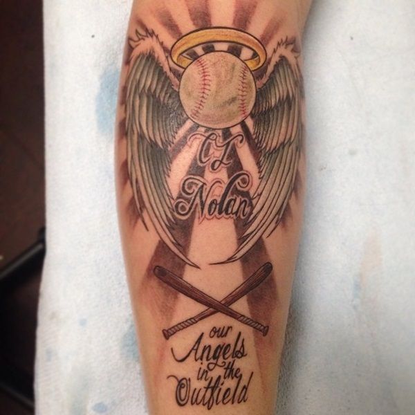 Baseball With Angel Wings Tattoo On Forearm