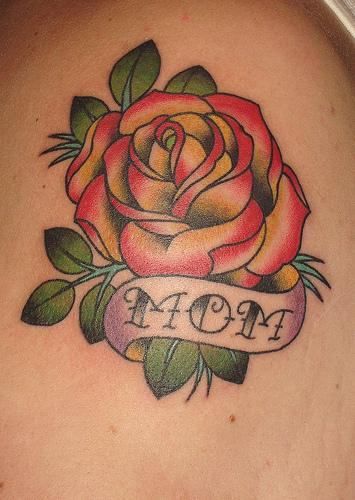 Beautiful Red Rose With Banner Mother Tattoo Image